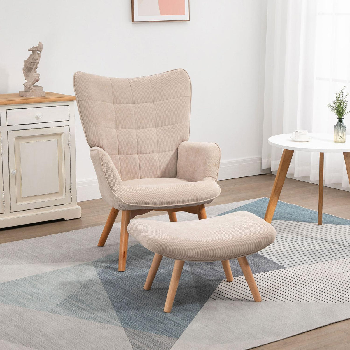 Wing Chair With Stool, Relaxation Chair, Upholstered Chair In Corduroy Look, Lounge Chair, Armchair With Wooden Legs, Tv Chair For Living Room, Beige