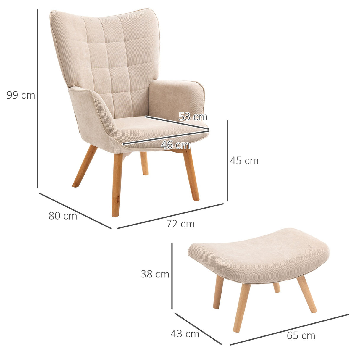 Wing Chair With Stool, Relaxation Chair, Upholstered Chair In Corduroy Look, Lounge Chair, Armchair With Wooden Legs, Tv Chair For Living Room, Beige