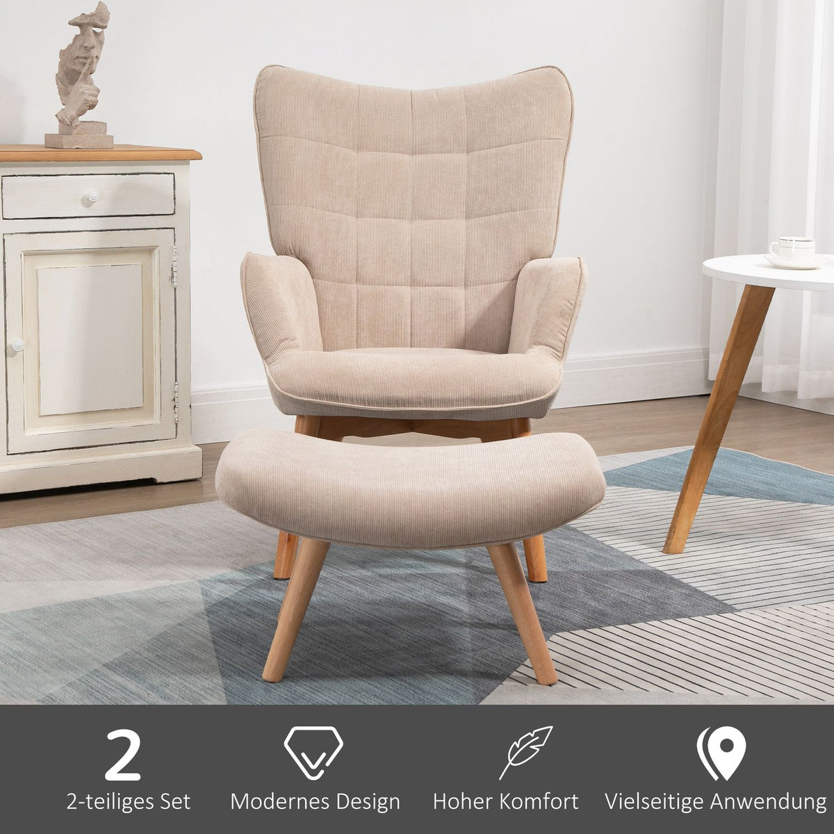 Wing Chair With Stool, Relaxation Chair, Upholstered Chair In Corduroy Look, Lounge Chair, Armchair With Wooden Legs, Tv Chair For Living Room, Beige