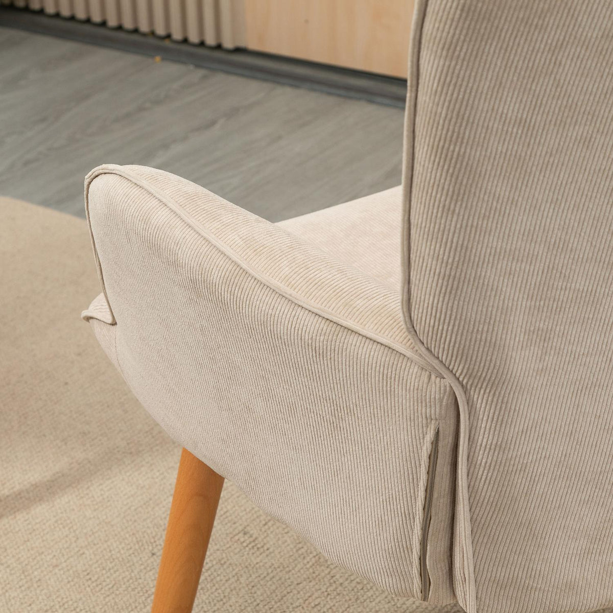 Wing Chair With Stool, Relaxation Chair, Upholstered Chair In Corduroy Look, Lounge Chair, Armchair With Wooden Legs, Tv Chair For Living Room, Beige