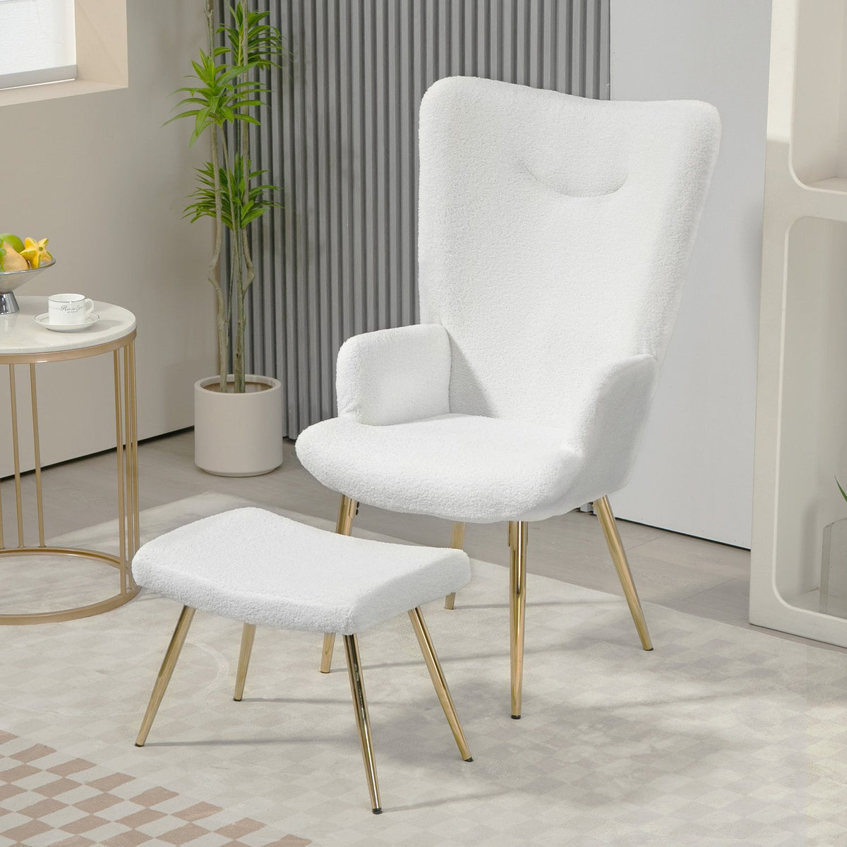 Wing Chair with Stool, Chair with Sherpa Cover, High Back, Lounge Chair with Armrest, Steel Legs for Living Room, Bedroom, White