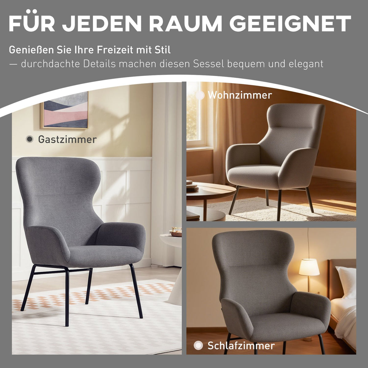 Wingback Accent Chair, High Back, Thick Cushion, Gray