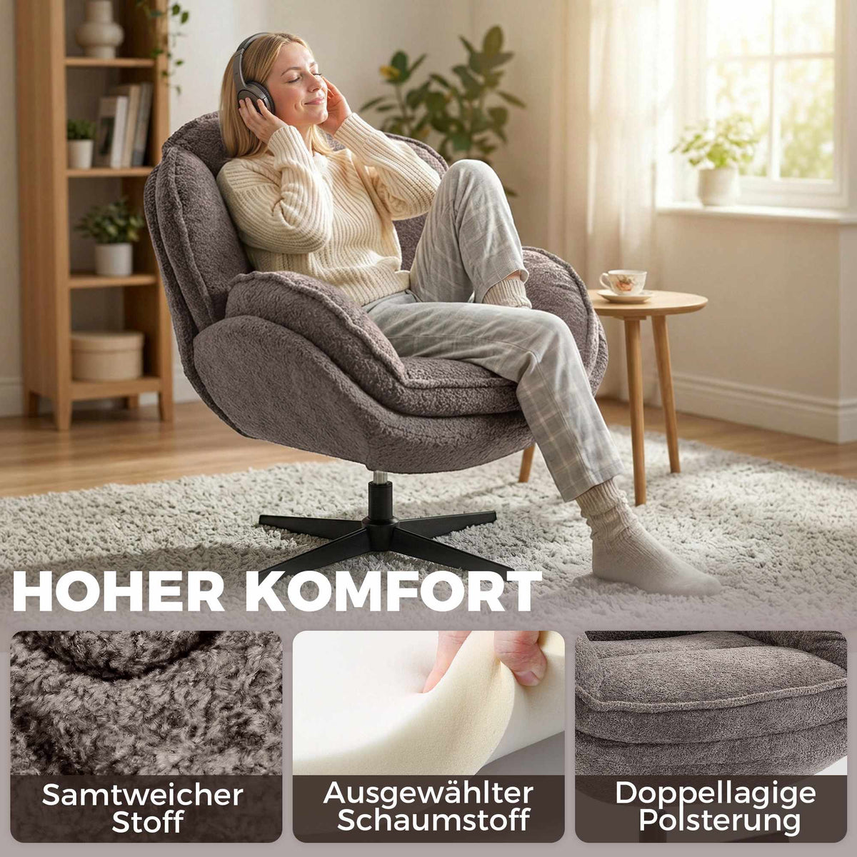 Wingback Velvet Armchair with 360 Swivel, Grey
