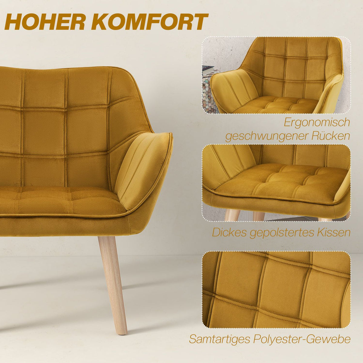 Wing chair single chair relaxation chair with velvet, Scandinavian, raised legs, velvet-like polyester, yellow 67x61.5x71 cm
