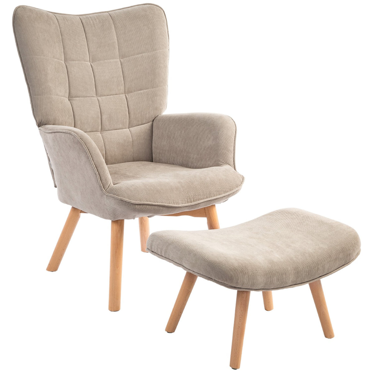 Wing chair with stool, relaxation chair, upholstered chair in corduroy look, lounge chair, armchair with wooden legs, TV chair for living room, brown