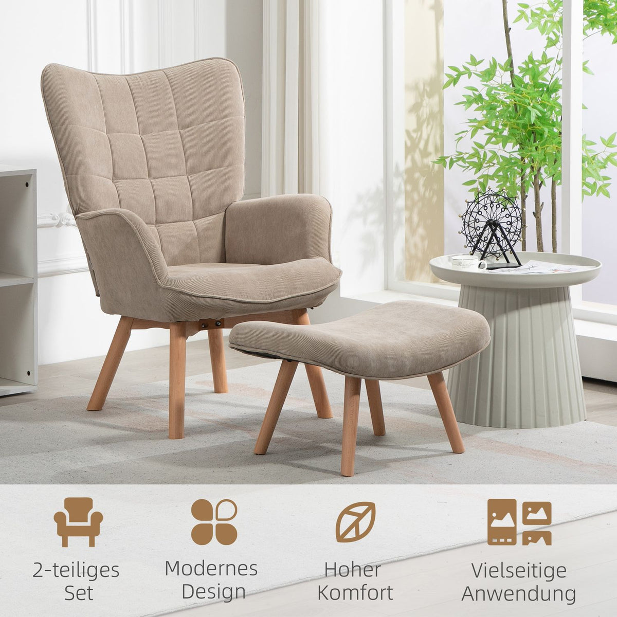 Wing chair with stool, relaxation chair, upholstered chair in corduroy look, lounge chair, armchair with wooden legs, TV chair for living room, brown