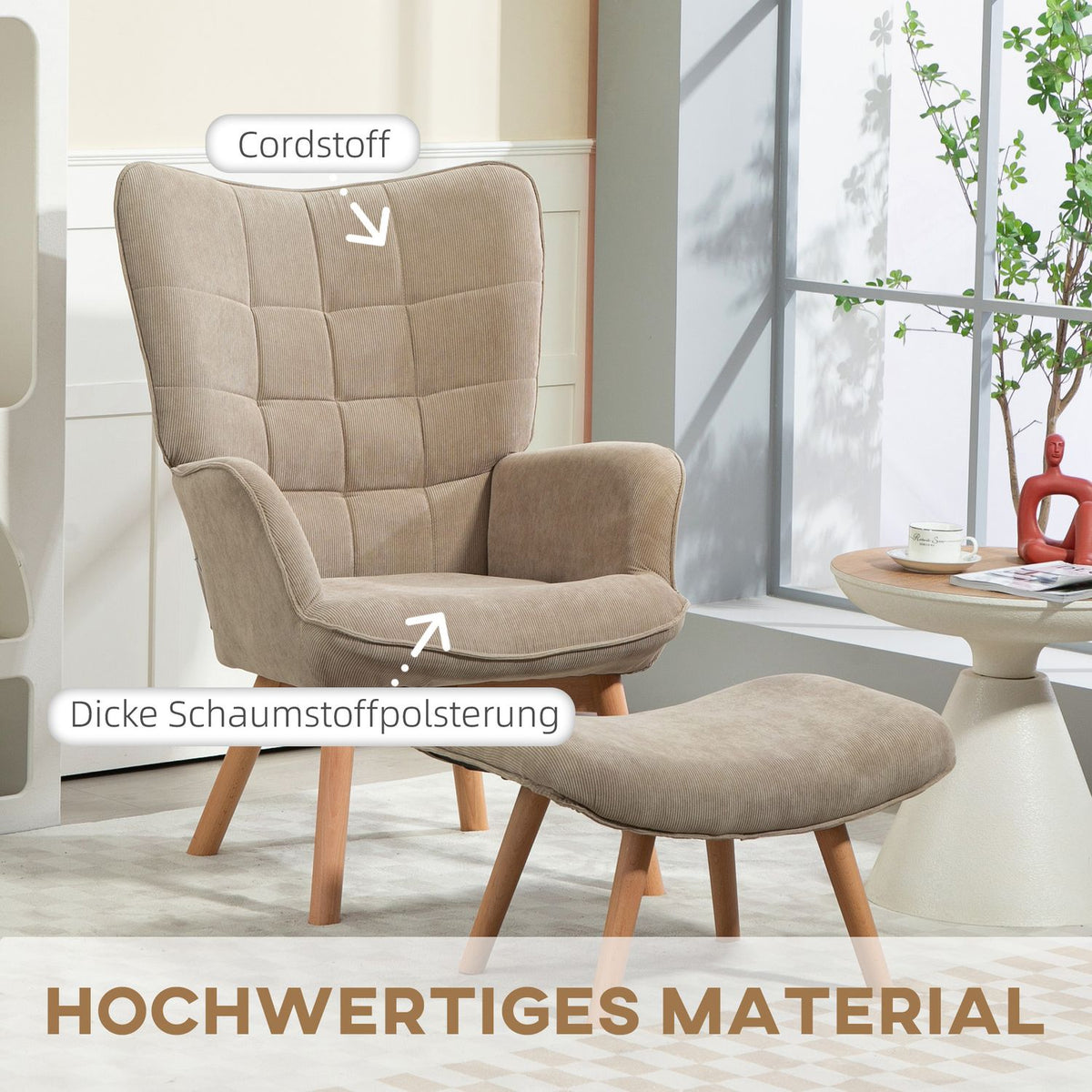 Wing chair with stool, relaxation chair, upholstered chair in corduroy look, lounge chair, armchair with wooden legs, TV chair for living room, brown