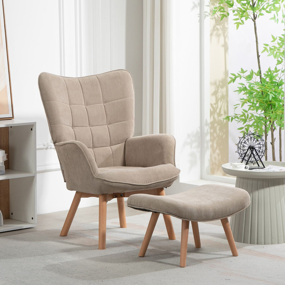 Wing chair with stool, relaxation chair, upholstered chair in corduroy look, lounge chair, armchair with wooden legs, TV chair for living room, brown