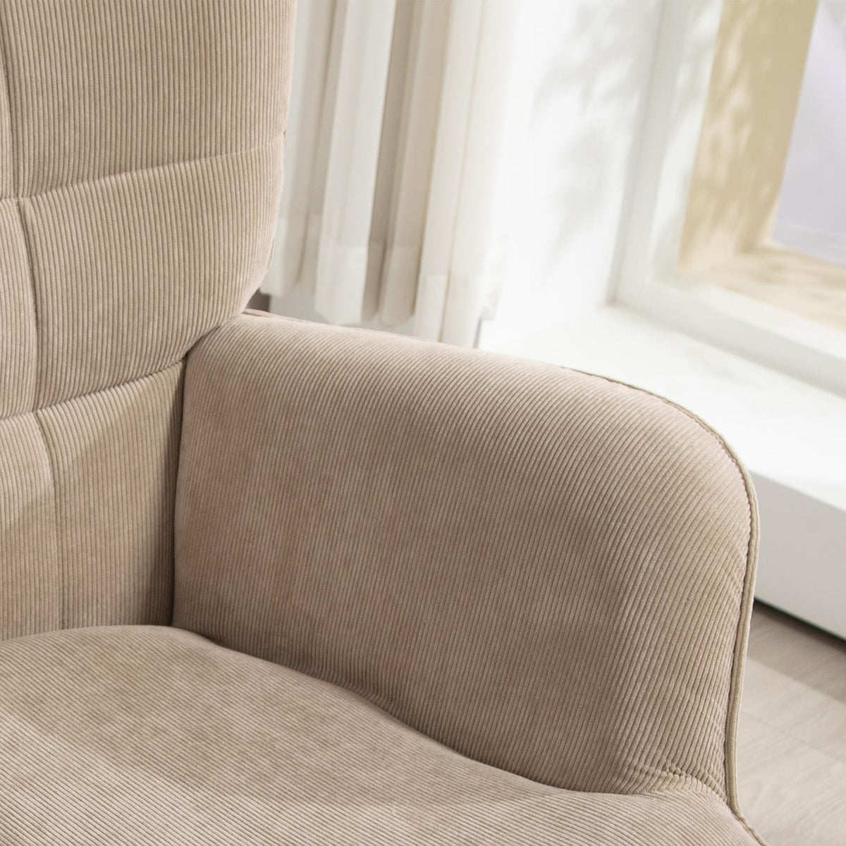 Wing chair with stool, relaxation chair, upholstered chair in corduroy look, lounge chair, armchair with wooden legs, TV chair for living room, brown