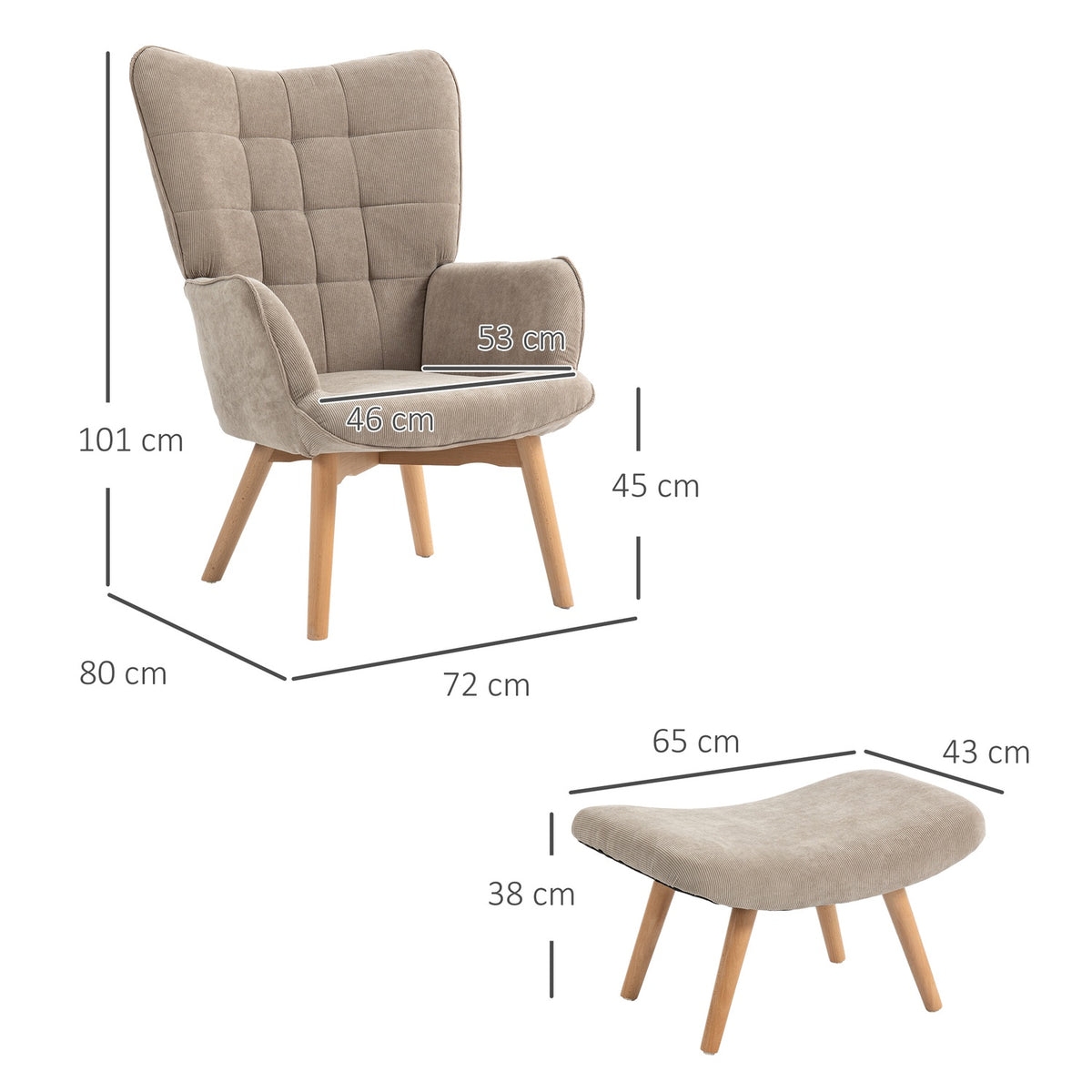 Wing chair with stool, relaxation chair, upholstered chair in corduroy look, lounge chair, armchair with wooden legs, TV chair for living room, brown