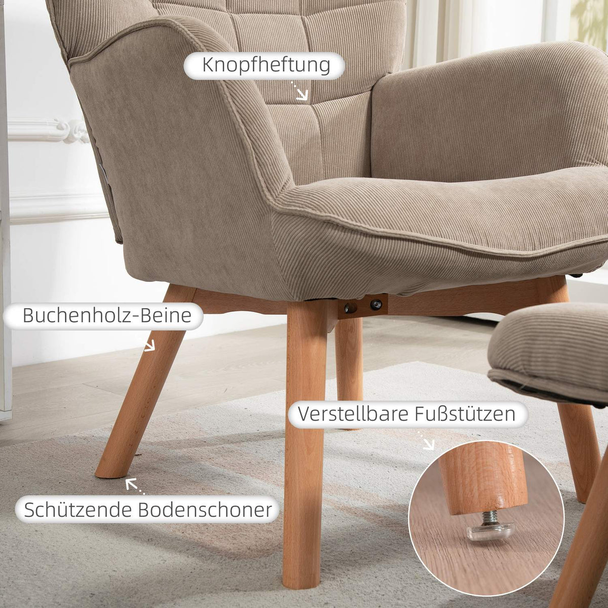 Wing chair with stool, relaxation chair, upholstered chair in corduroy look, lounge chair, armchair with wooden legs, TV chair for living room, brown