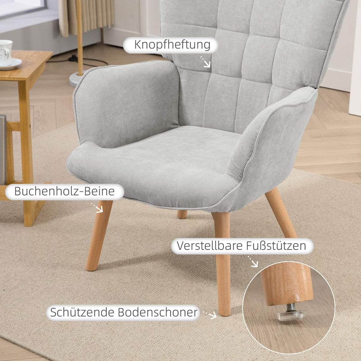Wing chair with stool, relaxation chair, upholstered chair in corduroy look, lounge chair, armchair with wooden legs, TV chair for living room, gray