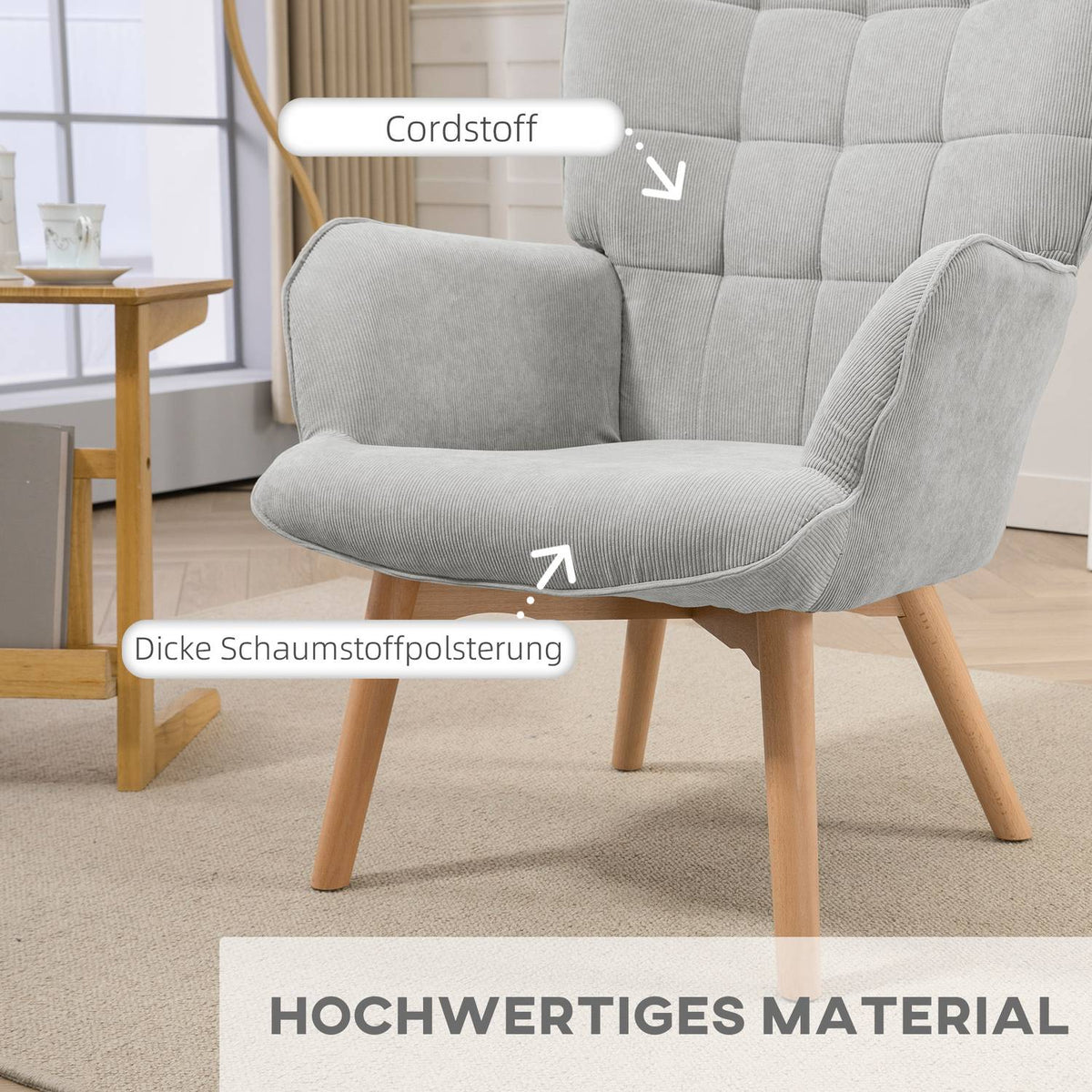 Wing chair with stool, relaxation chair, upholstered chair in corduroy look, lounge chair, armchair with wooden legs, TV chair for living room, gray