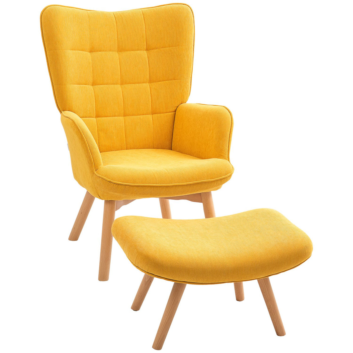 Wing chair with stool, relaxation chair, upholstered chair in corduroy look, lounge chair, armchair with wooden legs, TV chair for living room, orange