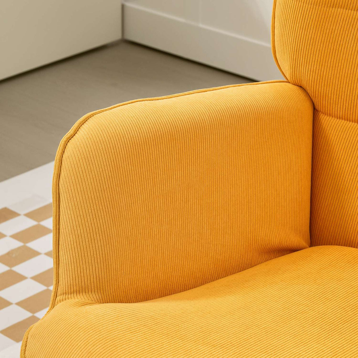 Wing chair with stool, relaxation chair, upholstered chair in corduroy look, lounge chair, armchair with wooden legs, TV chair for living room, orange