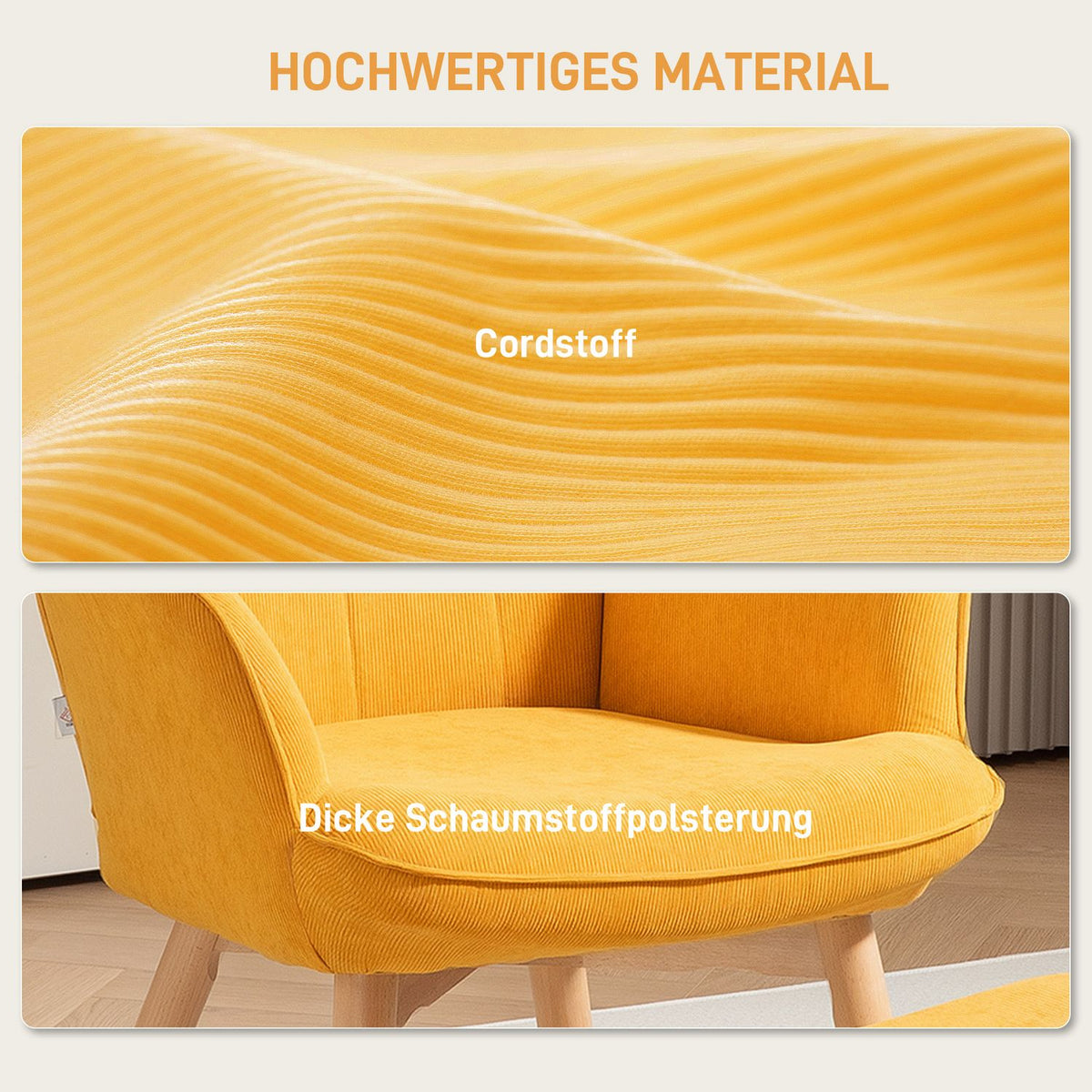 Wing chair with stool, relaxation chair, upholstered chair in corduroy look, lounge chair, armchair with wooden legs, TV chair for living room, orange