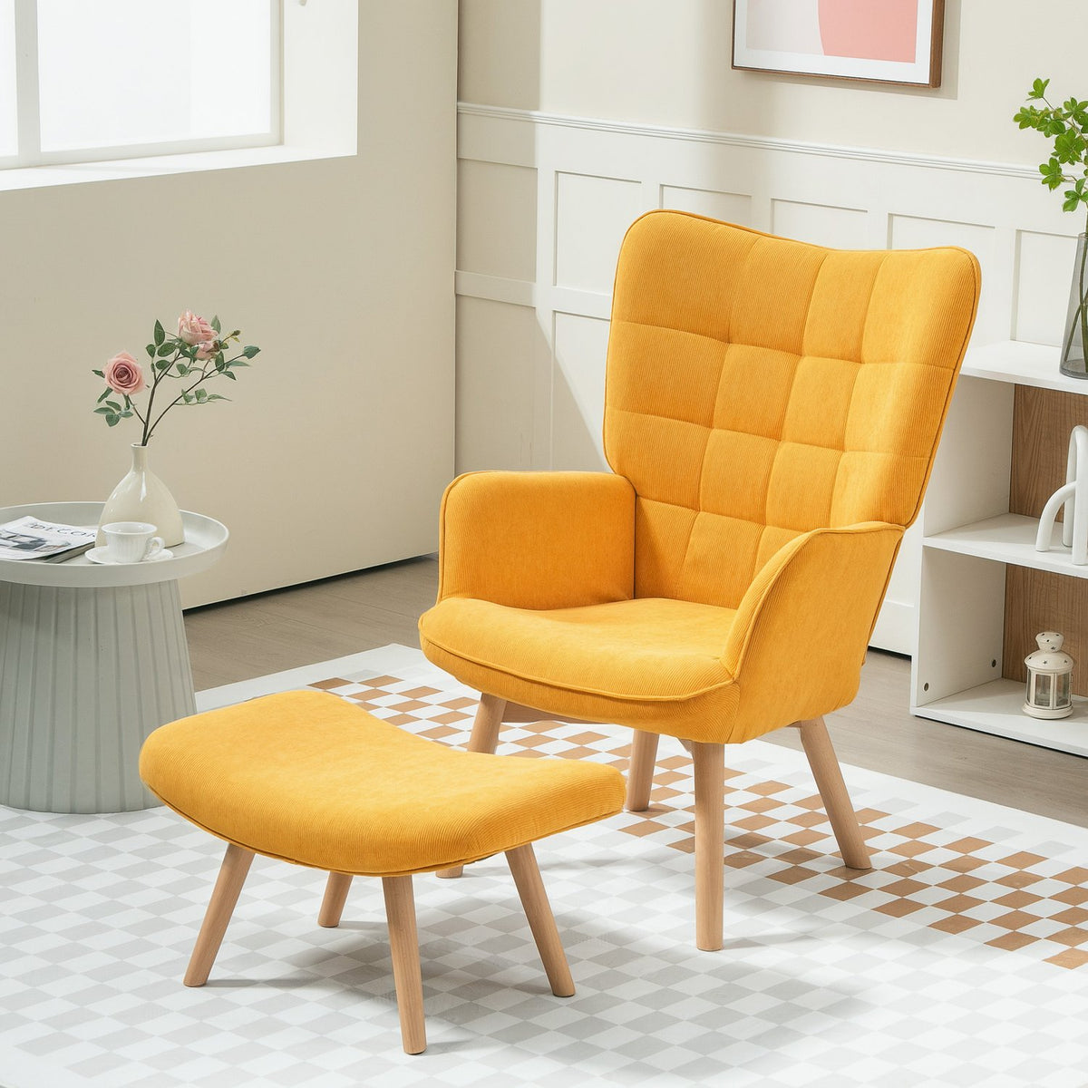 Wing chair with stool, relaxation chair, upholstered chair in corduroy look, lounge chair, armchair with wooden legs, TV chair for living room, orange