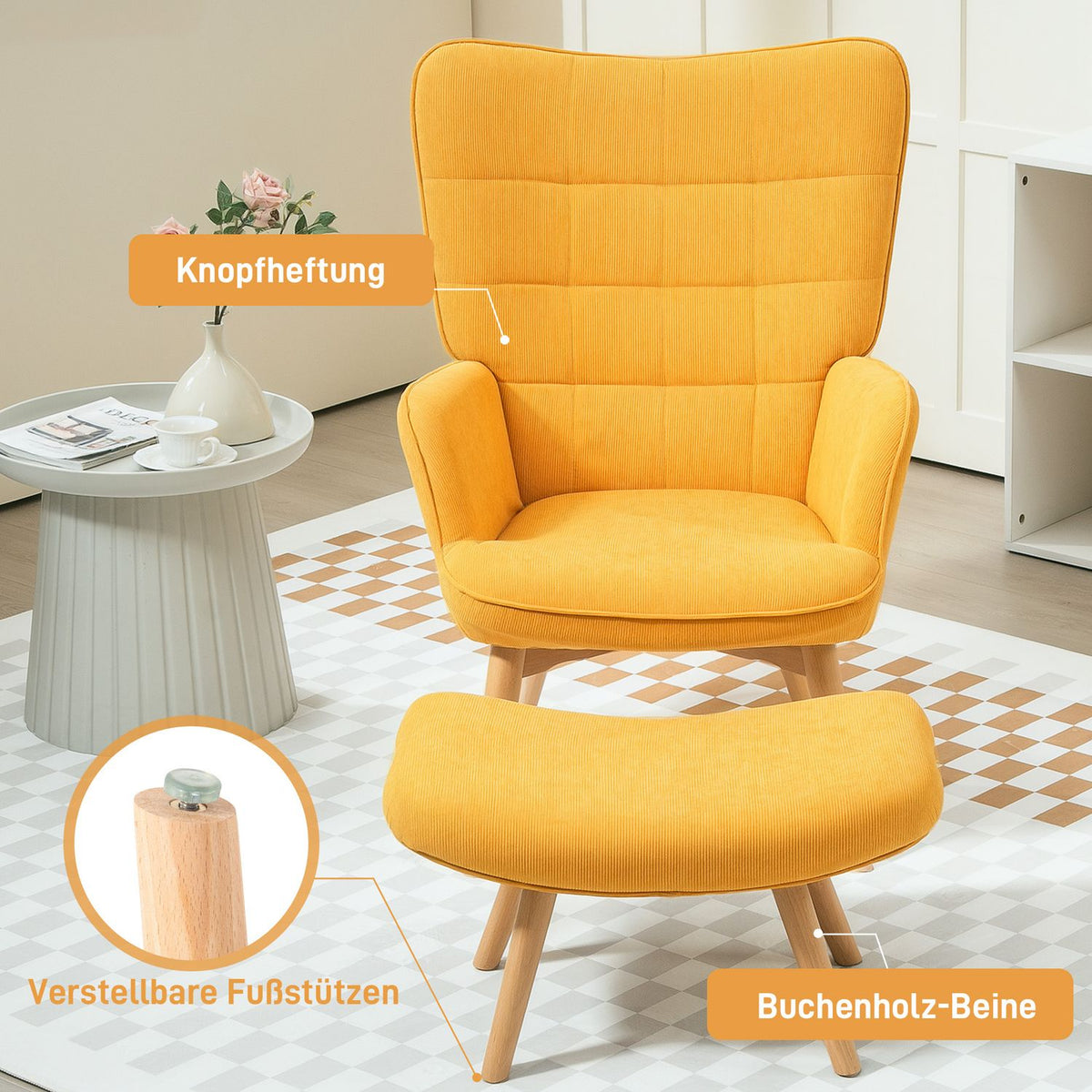 Wing chair with stool, relaxation chair, upholstered chair in corduroy look, lounge chair, armchair with wooden legs, TV chair for living room, orange