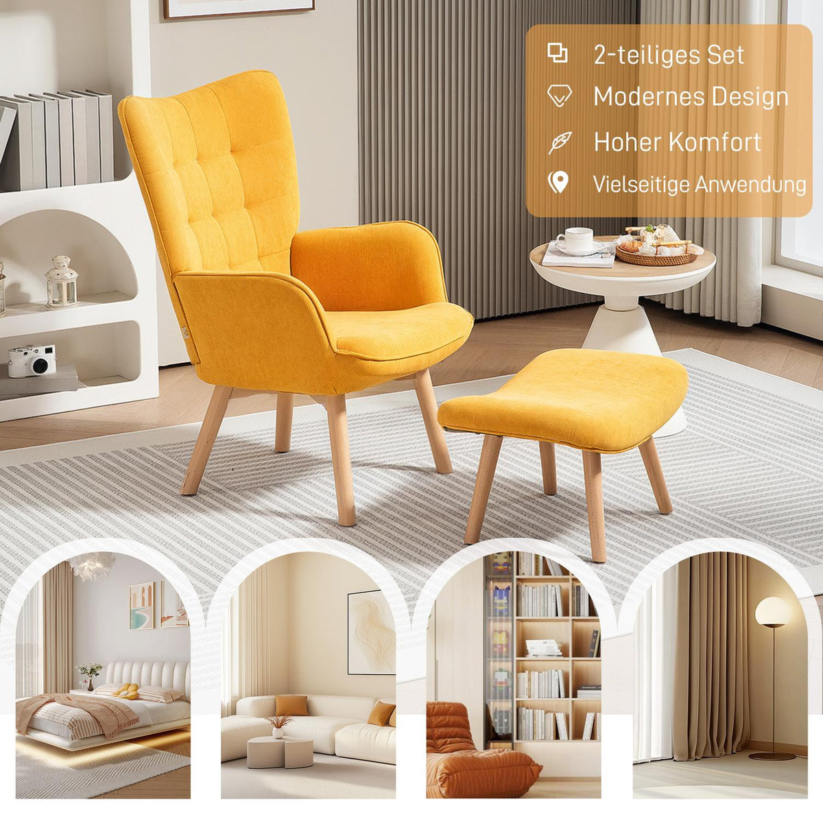 Wing chair with stool, relaxation chair, upholstered chair in corduroy look, lounge chair, armchair with wooden legs, TV chair for living room, orange