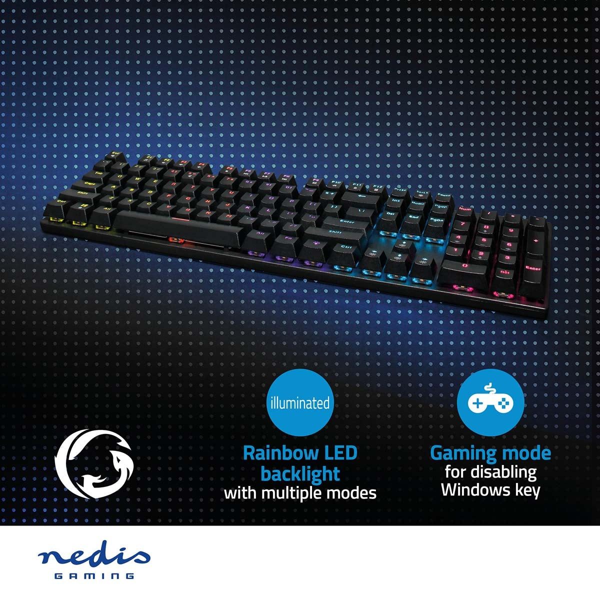 Wired Gaming Keyboard | USB Type-A | Mechanical Keys | LEDs | QWERTY | US Layout | USB Power | Power cable length: 1.50 m | Game