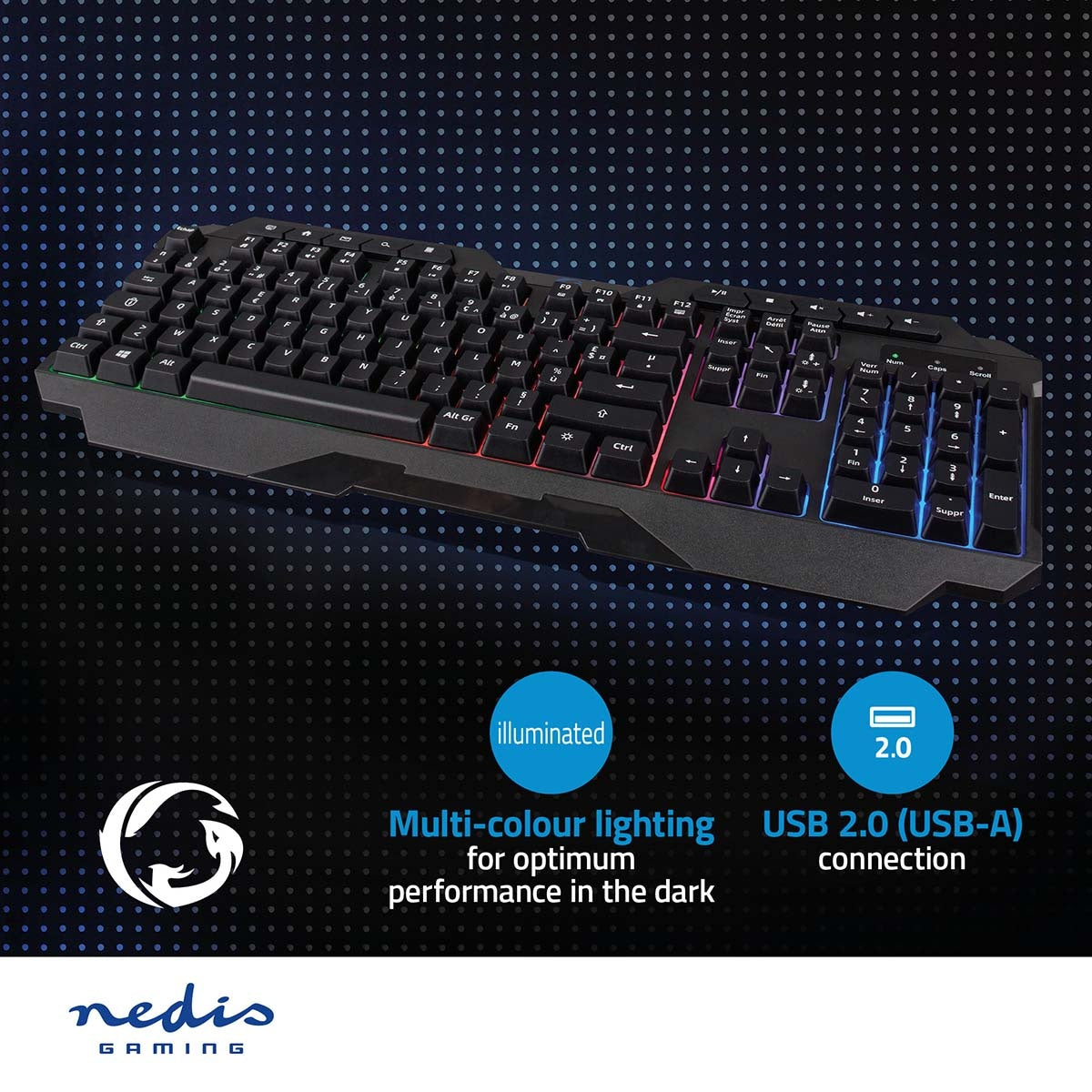 Wired Gaming Keyboard | USB Type-A | Membrane keys | LEDs | AZERTY | FR Layout | USB Power | Power cable length: 1.30 m | Multimedia