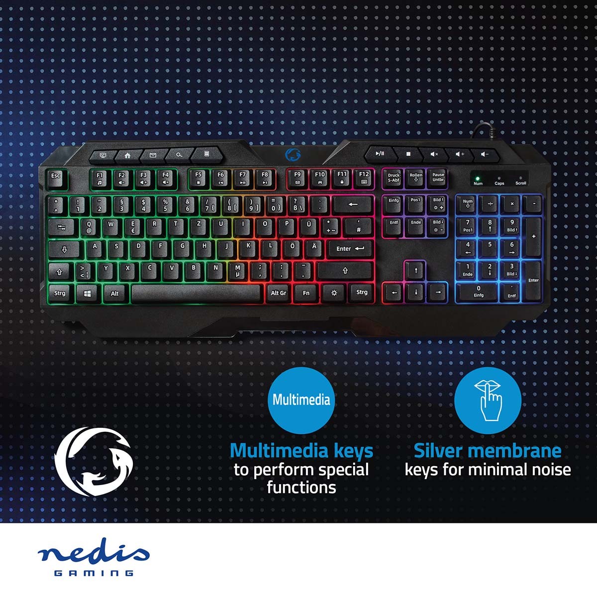 Wired Gaming Keyboard | USB Type-A | Membrane keys | LEDs | QWERTY | DE Layout | USB Power | Power cable length: 1.30 m | Multimedia
