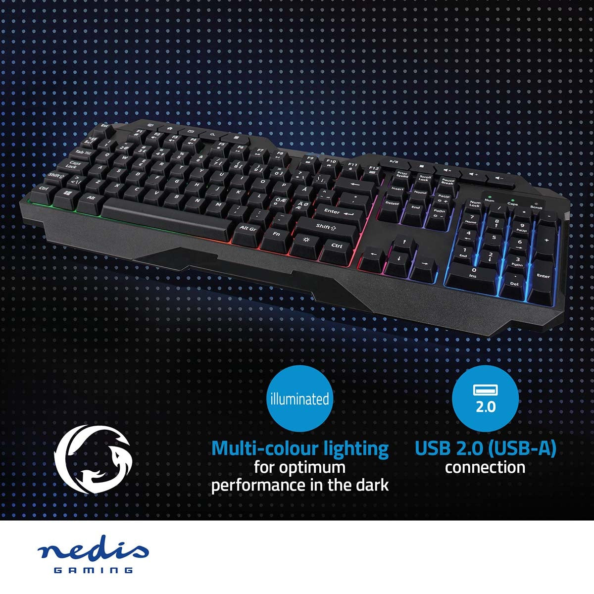 Wired Gaming Keyboard | USB Type-A | Membrane keys | LEDs | QWERTY | ND Layout | USB Power | Power cable length: 1.30 m | Multimedia