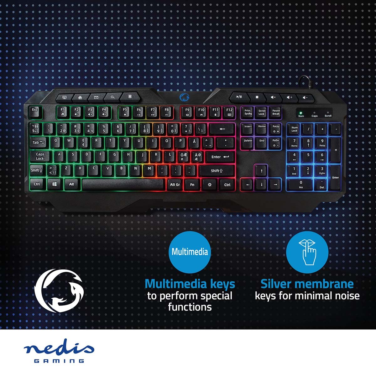 Wired Gaming Keyboard | USB Type-A | Membrane keys | LEDs | QWERTY | US Layout | USB Power | Power cable length: 1.30 m | Multimedia