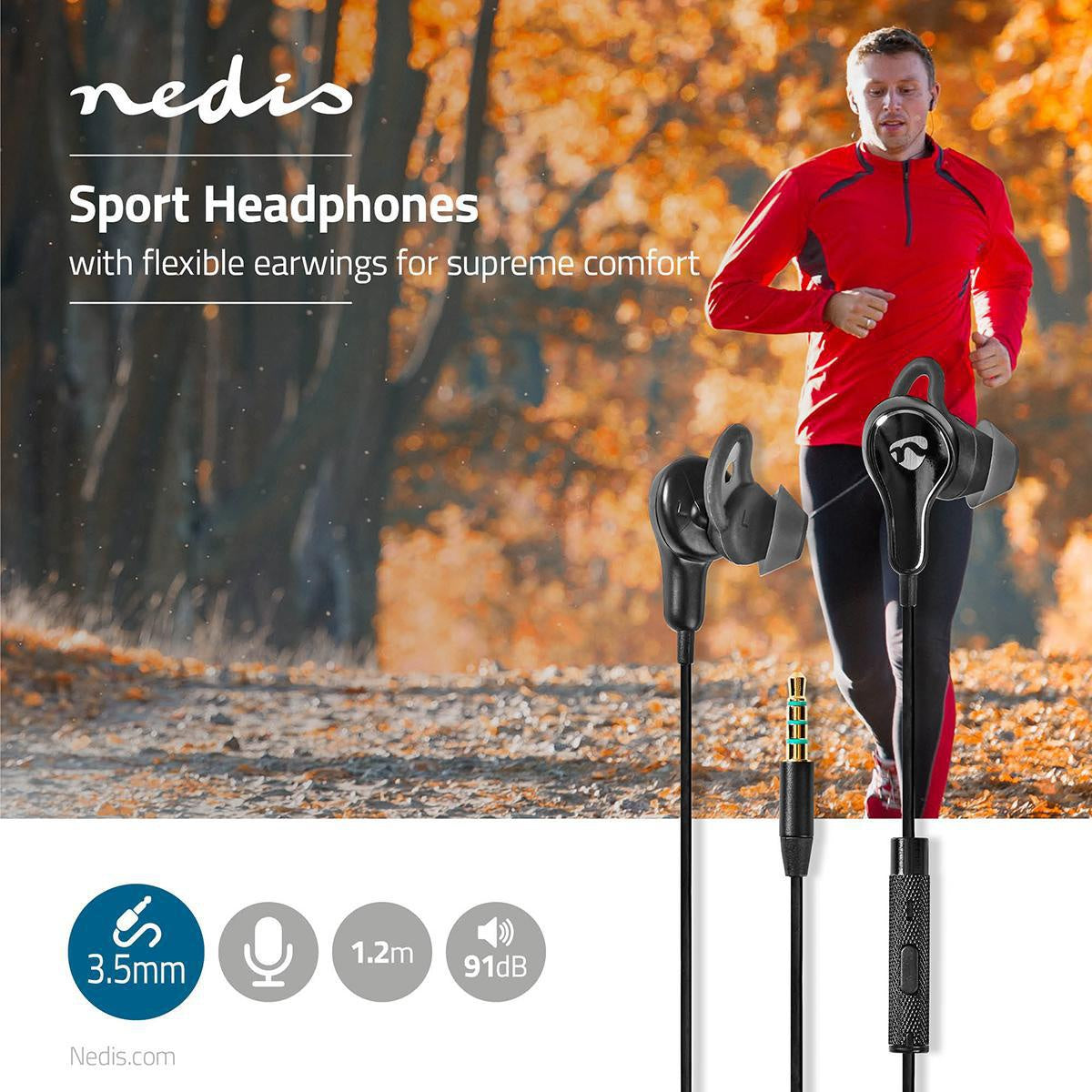 Wired Headphones | 3.5 mm | Cable length: 1.20 m | Built-in microphone | Volume Control | Ear Wings | Black
