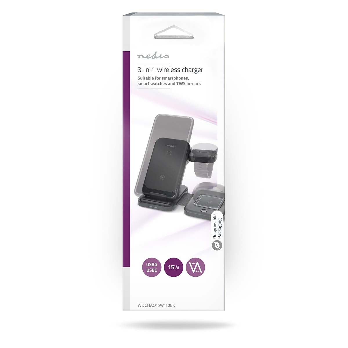Wireless Charger | 3-in-1 | 15 W | LED-indicator in use | Including cable | USB-A / USB-C™ | 1.00 m