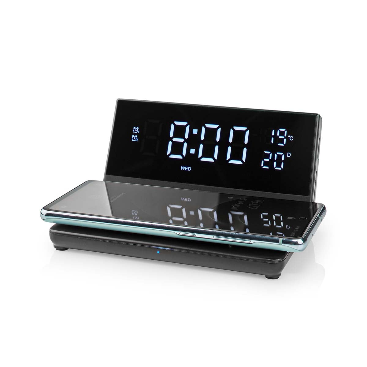 Wireless Charger for Alarm Clock | Qi certified | 5 / 7.5 / 10 / 15 W | USB A Male | 2 Alarm times | Snooze function