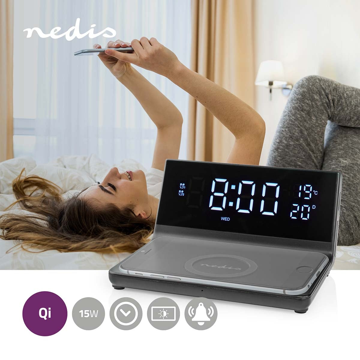 Wireless Charger for Alarm Clock | Qi certified | 5 / 7.5 / 10 / 15 W | USB A Male | 2 Alarm times | Snooze function