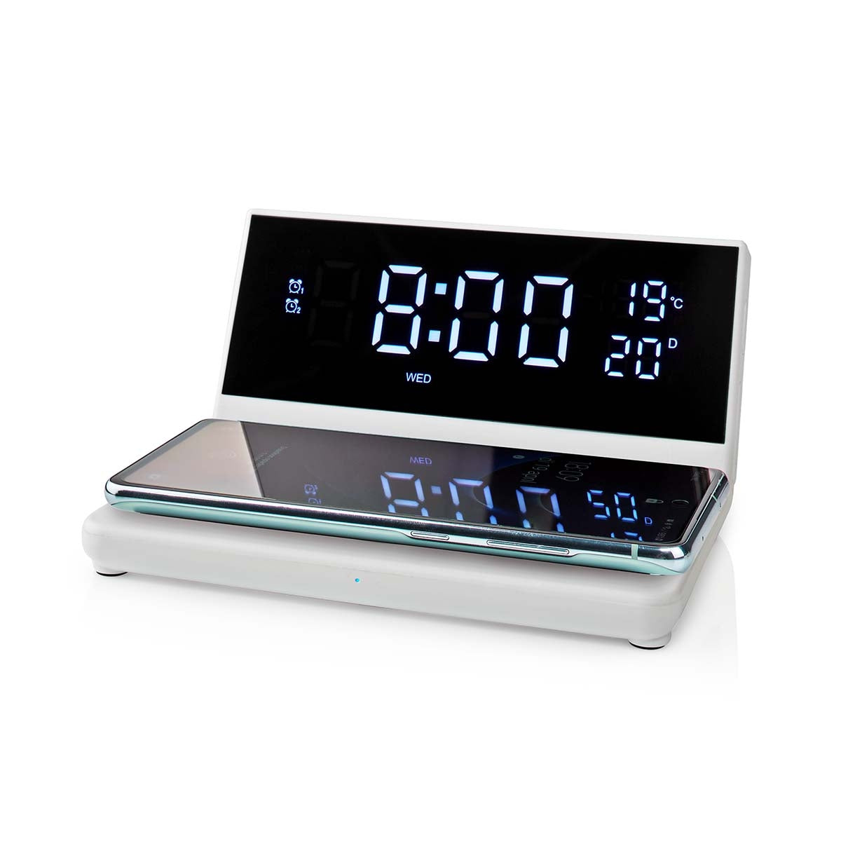 Wireless Charger for Alarm Clock | Qi certified | 5 / 7.5 / 10 / 15 W | USB A Male | 2 Alarm times | Snooze function