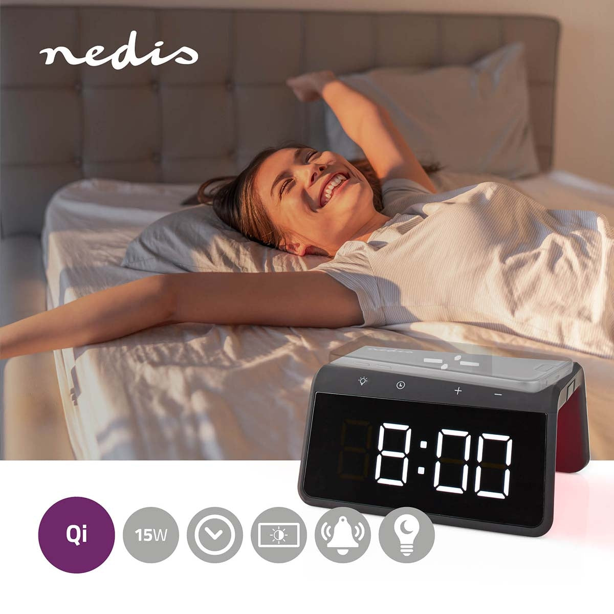 Wireless Charger for Alarm Clock | Qi certified | 5 / 7.5 / 10 / 15 W | USB A Male | Night lamp | 2 Alarm times | Snooze function