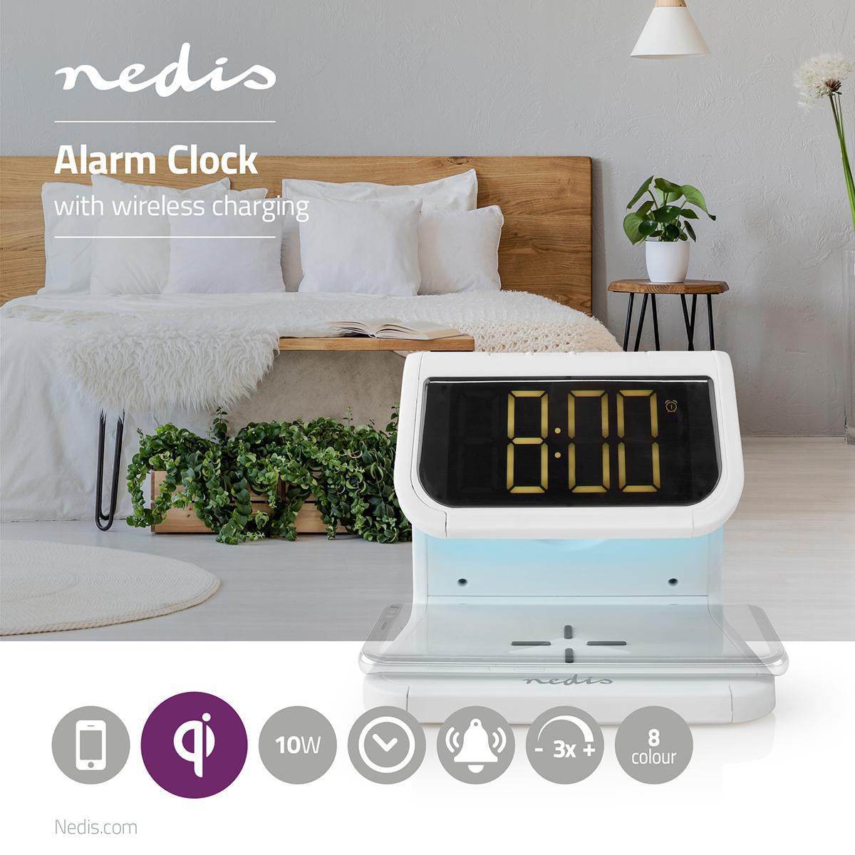 Wireless Charger for Alarm Clock | Qi certified | 5 / 7.5 / 10 W | USB-A Female | Night lamp | 2 Alarm times | Snooze function