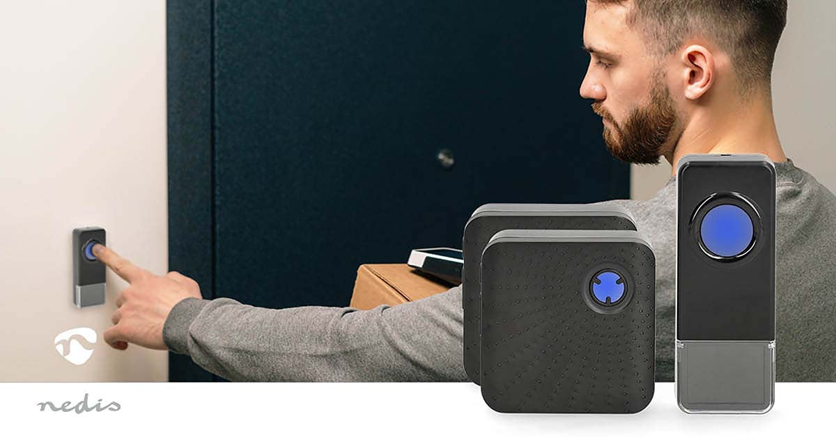 Wireless Doorbell Set | Mains Powered | 100 - 240 V AC 50/60 Hz | 1x 23A 12V | Volume: 110 dB | Signal range: 150 m | IP55 | Adjustable volume | 58 Melodies | 2 Receivers | Black