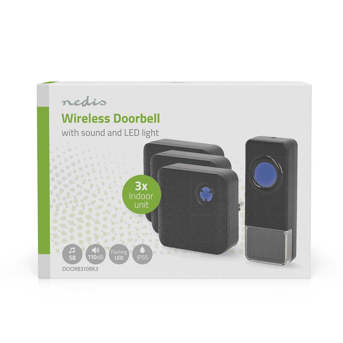 Wireless Doorbell Set | Mains Powered | 100 - 240 V AC 50/60 Hz | 1x 23A 12V | Volume: 110 dB | Signal range: 150 m | IP55 | Adjustable volume | 58 Melodies | 3 Receivers | Black