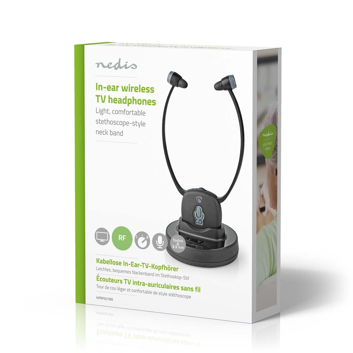 Wireless TV Headphones | RF | In-Ear | Maximum battery play time: 7 hrs | 25 m | Digital Audio | Charging dock | Balance control | Hearing impaired support | Black