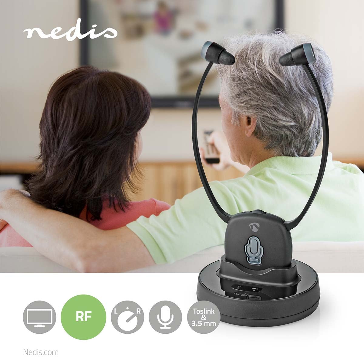 Wireless TV Headphones | RF | In-Ear | Maximum battery play time: 7 hrs | 25 m | Digital Audio | Charging dock | Balance control | Hearing impaired support | Black