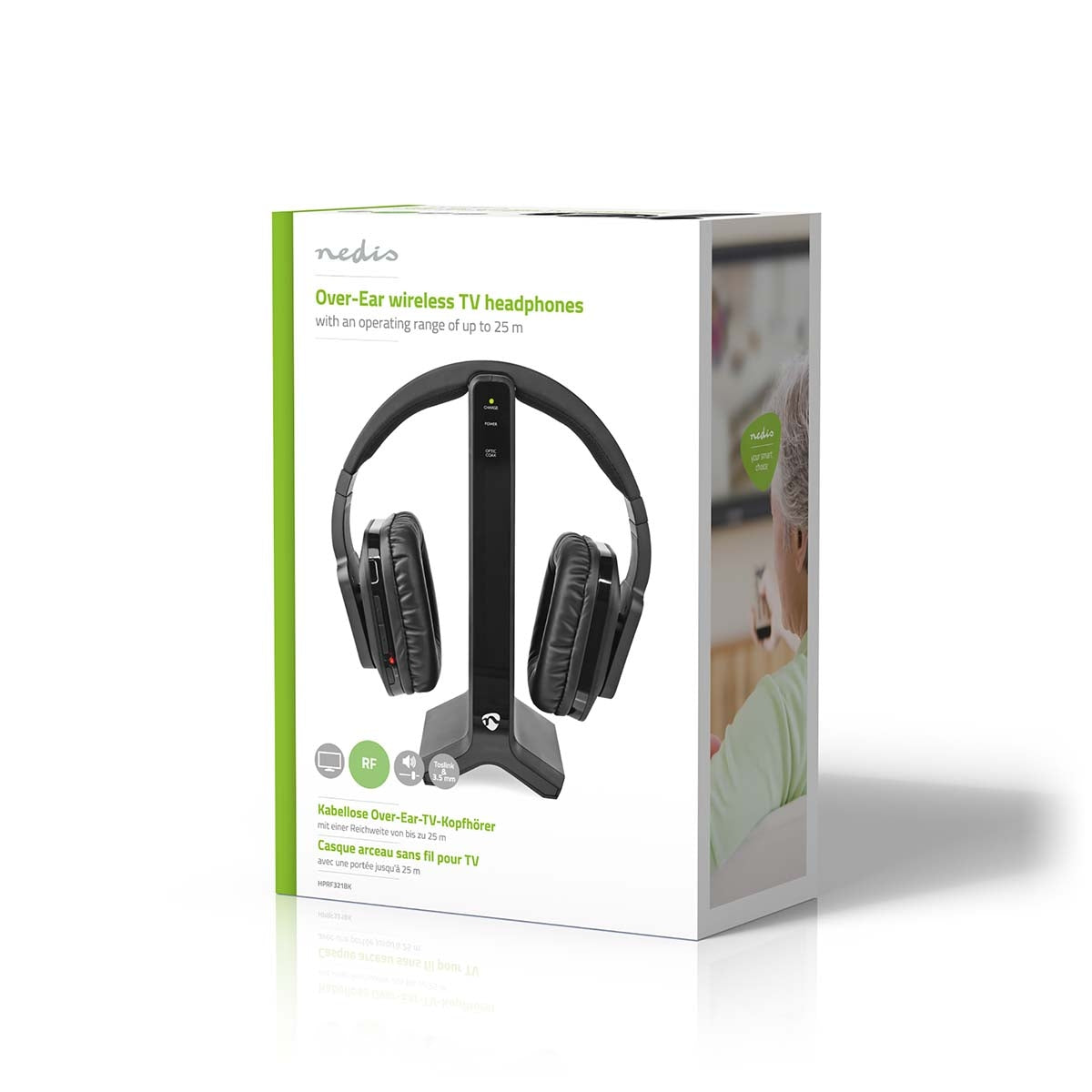 Wireless TV Headphones | RF | Over-Ear | Maximum battery play time: 8 hrs | 25 m | Digital Audio | Charging dock | Black