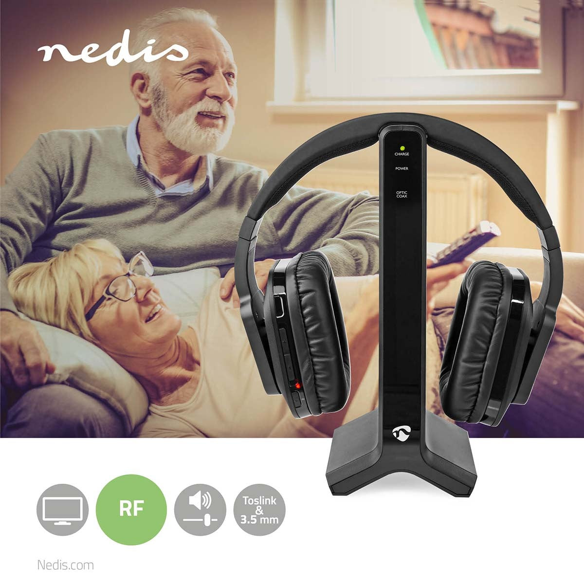 Wireless TV Headphones | RF | Over-Ear | Maximum battery play time: 8 hrs | 25 m | Digital Audio | Charging dock | Black