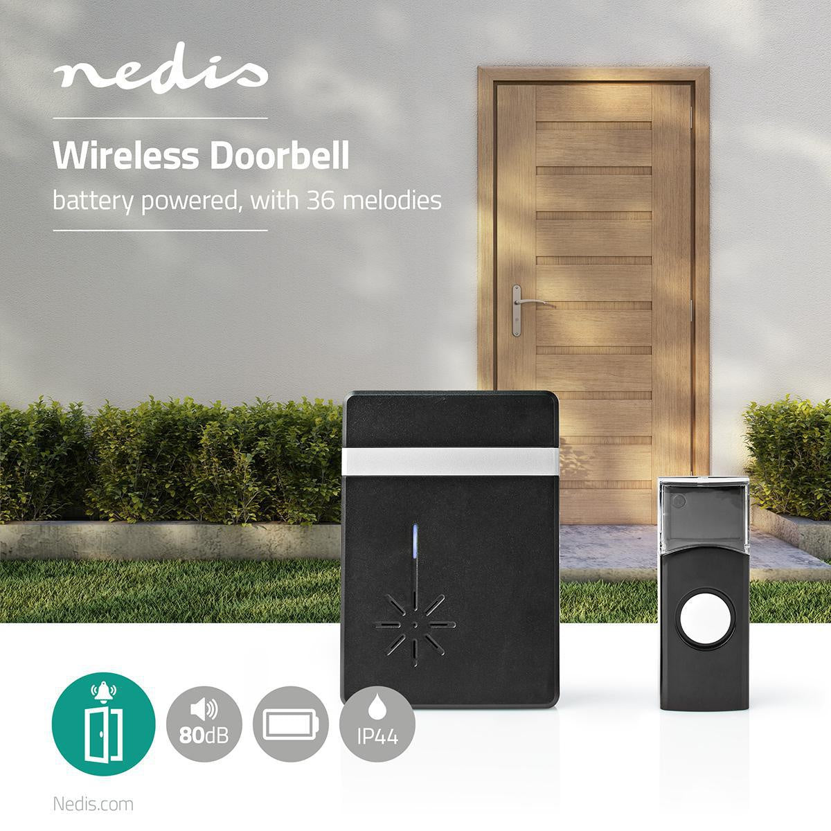 Wireless doorbell | Battery powered | 3 V DC | 1x CR2032 | Volume: 80 dB | Signal range: 300 m | IP44 | 36 Melodies | 1 Recipient | Black