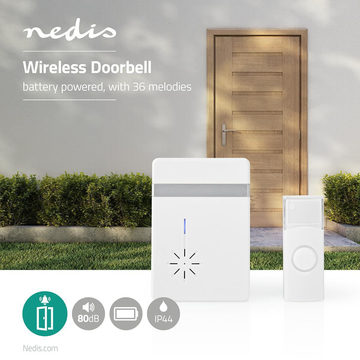 Wireless doorbell | Battery powered | 3 V DC | 1x CR2032 | Volume: 80 dB | Signal range: 300 m | IP44 | 36 Melodies | 1 Recipient | White