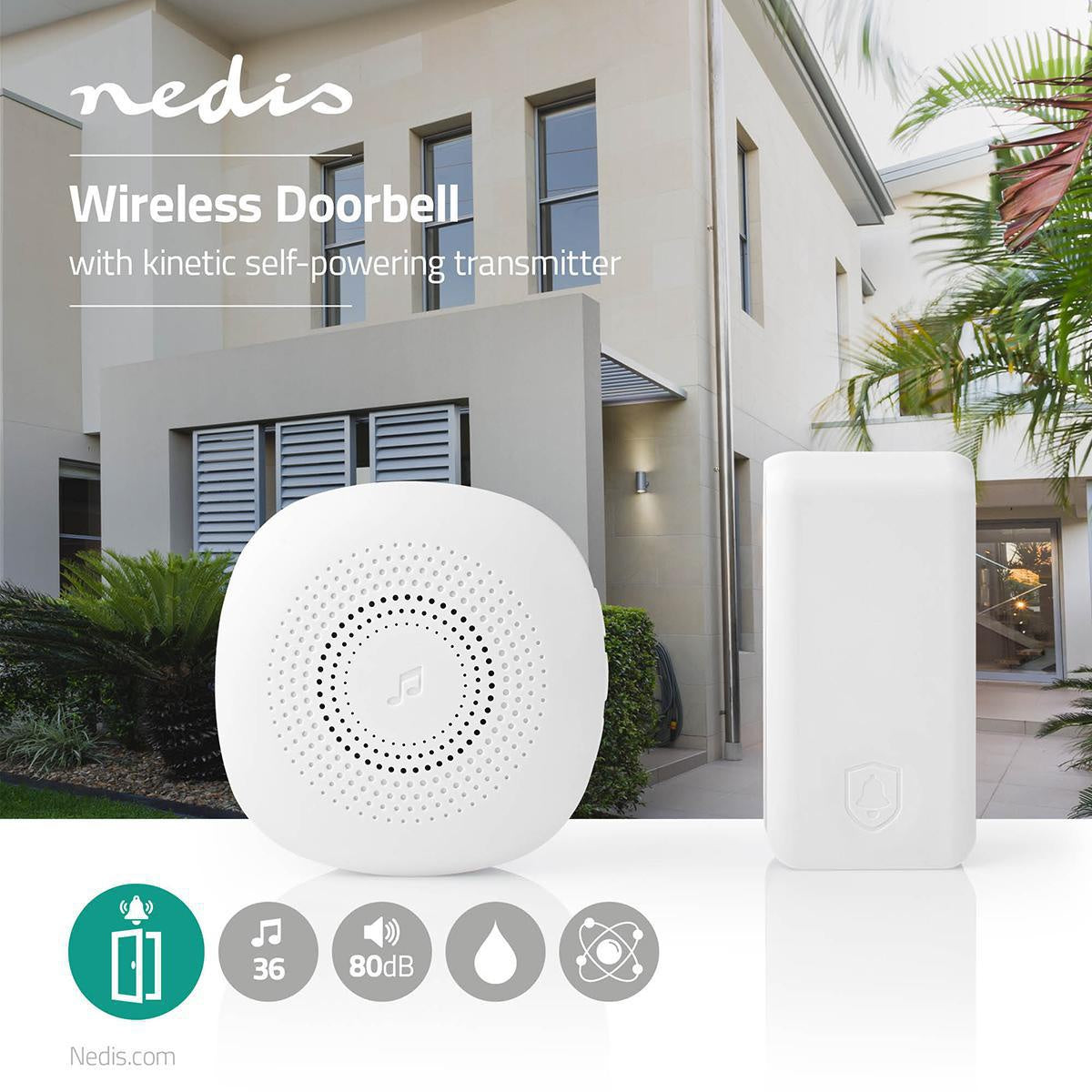 Wireless doorbell | Power adapter | 220 - 240 V AC 50 Hz | 1x CR2032 | Volume: 80 dB | Signal range: 100 m | Adjustable volume | 36 Melodies | 1 Recipient | White