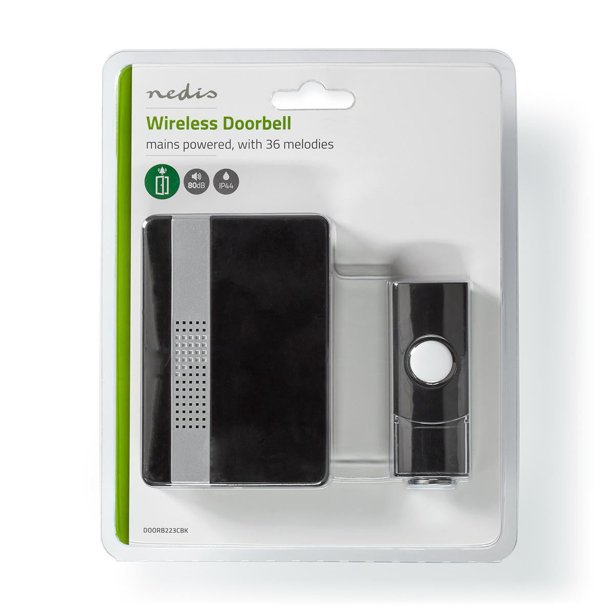 Wireless doorbell | Power adapter | 220 - 240 V AC 50 Hz | 1x CR2032 | Volume: 80 dB | Signal range: 300 m | IP44 | Adjustable volume | 36 Melodies | 1 Recipient | Black