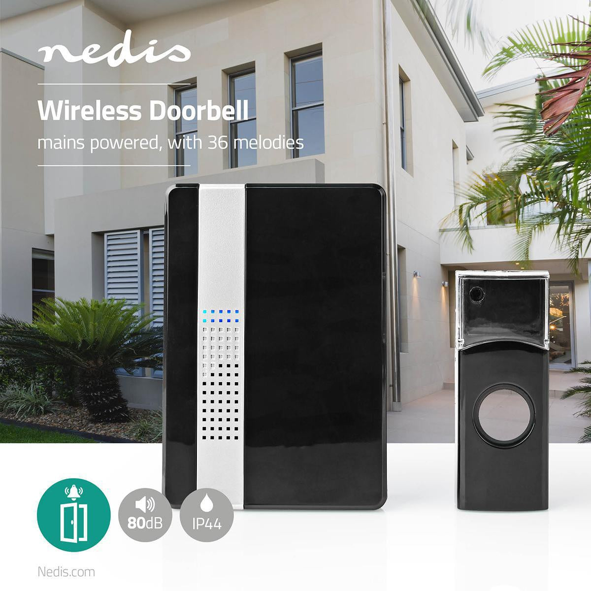 Wireless doorbell | Power adapter | 220 - 240 V AC 50 Hz | 1x CR2032 | Volume: 80 dB | Signal range: 300 m | IP44 | Adjustable volume | 36 Melodies | 1 Recipient | Black