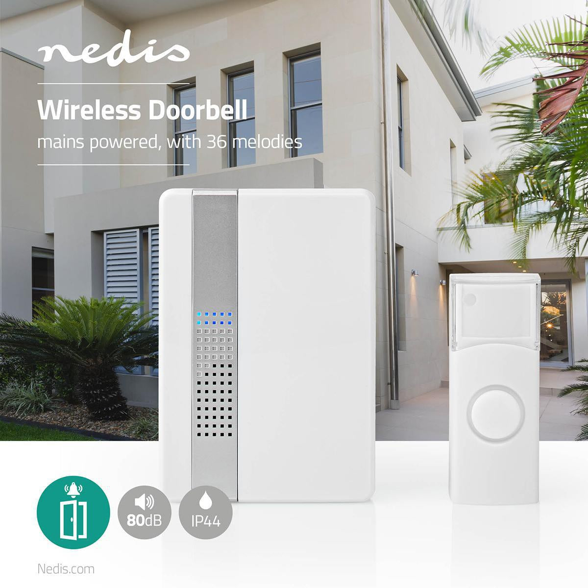 Wireless doorbell | Power adapter | 220 - 240 V AC 50 Hz | 1x CR2032 | Volume: 80 dB | Signal range: 300 m | IP44 | Adjustable volume | 36 Melodies | 1 Recipient | White