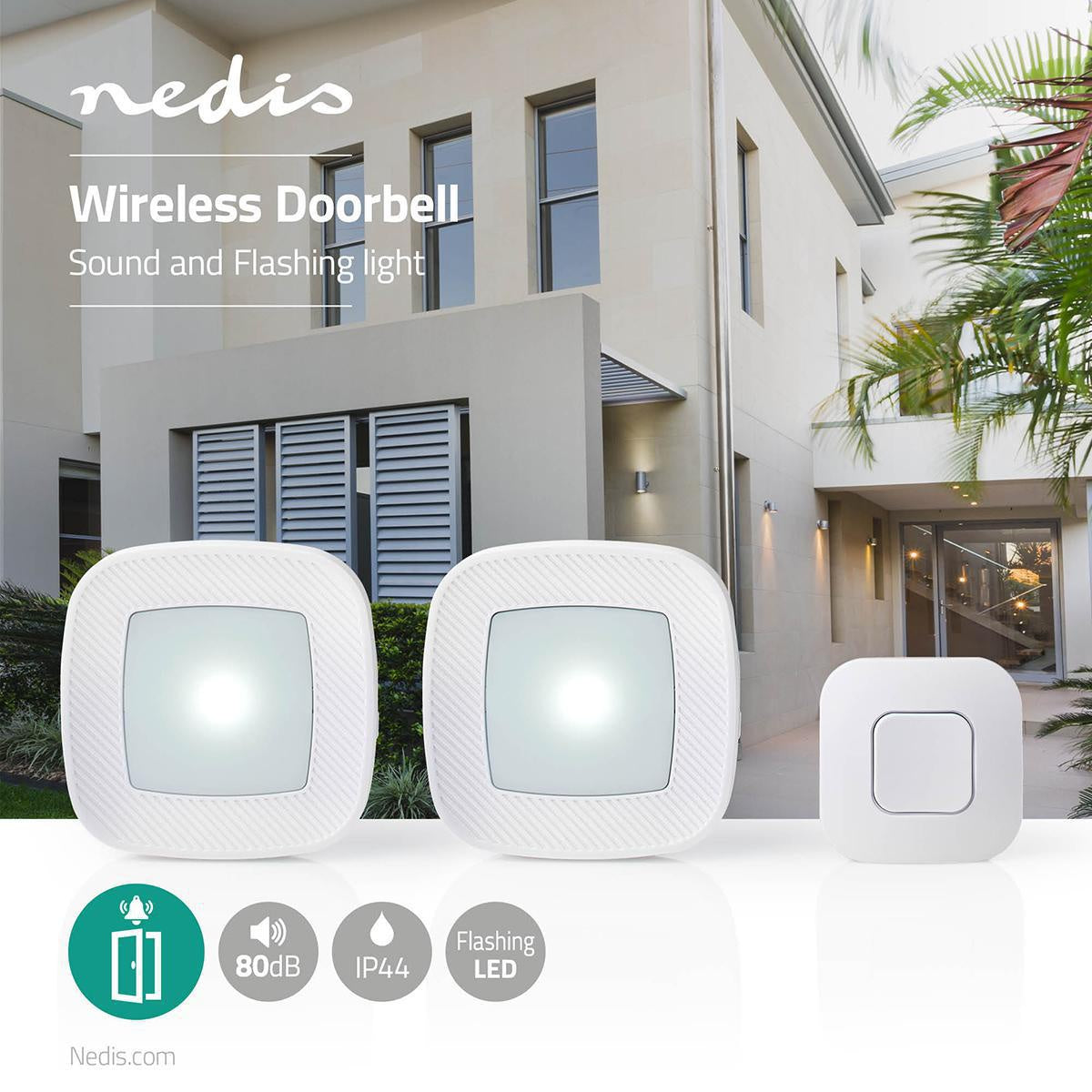 Wireless doorbell | Power adapter | 220 - 240 V AC 50 Hz | 1x CR2032 | Volume: 80 dB | Signal range: 300 m | IP44 | Adjustable volume | 36 Melodies | 2 Receiver | White