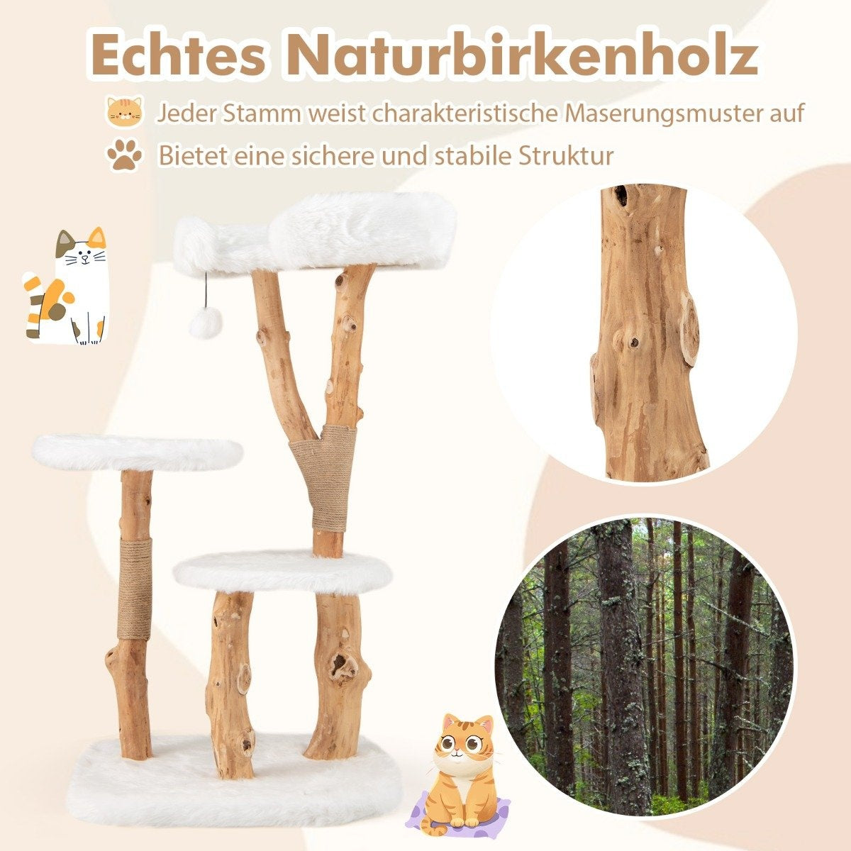 Wood Cat Tree with Plush Seat, 2 Platforms & Jute Posts