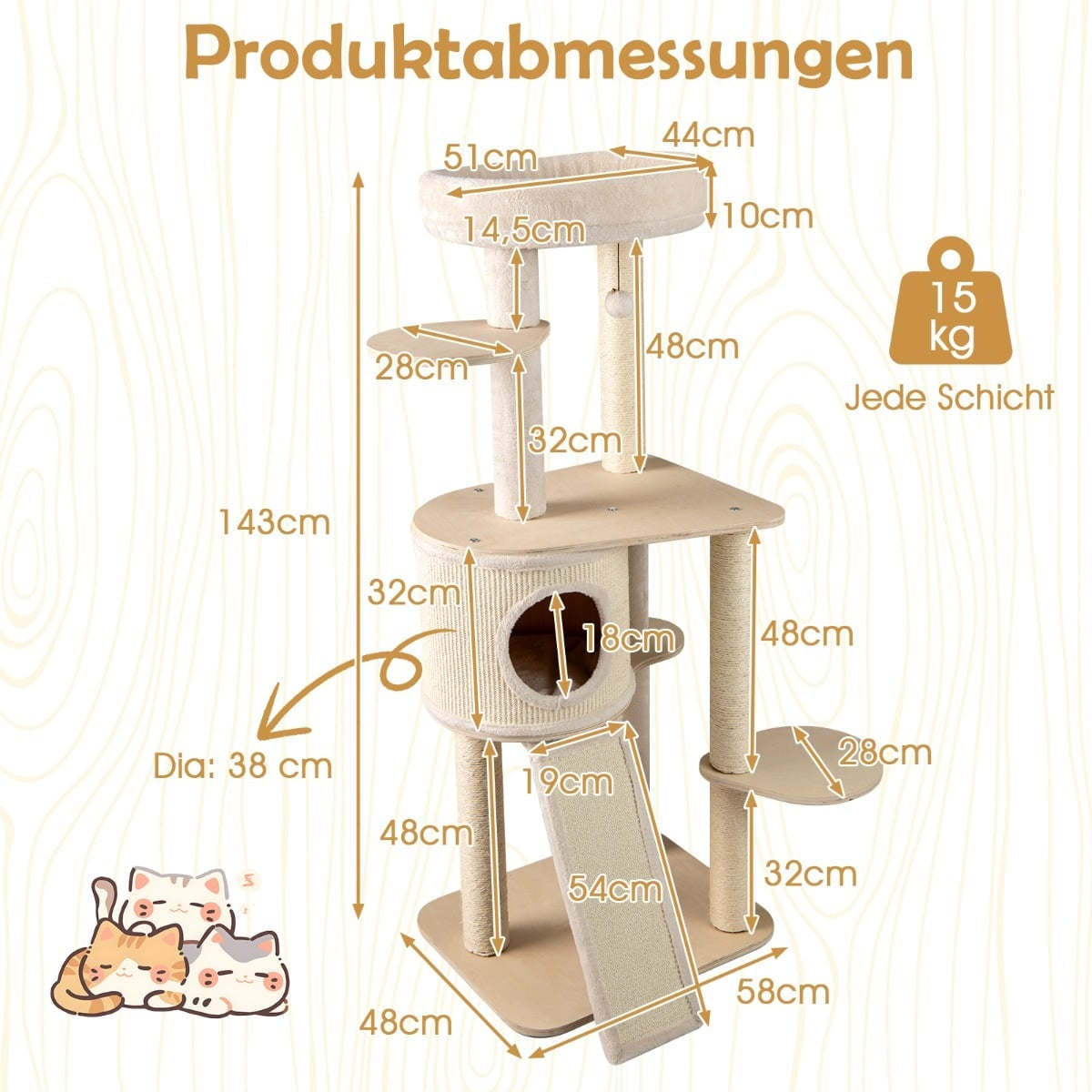 Wood Cat Tree with Sisal Posts, Condo, Ladder – 143 cm